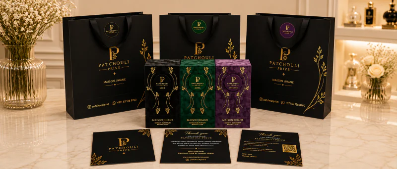 Patchouli Privé packaging — Noir, Intense, and Aura gift boxes