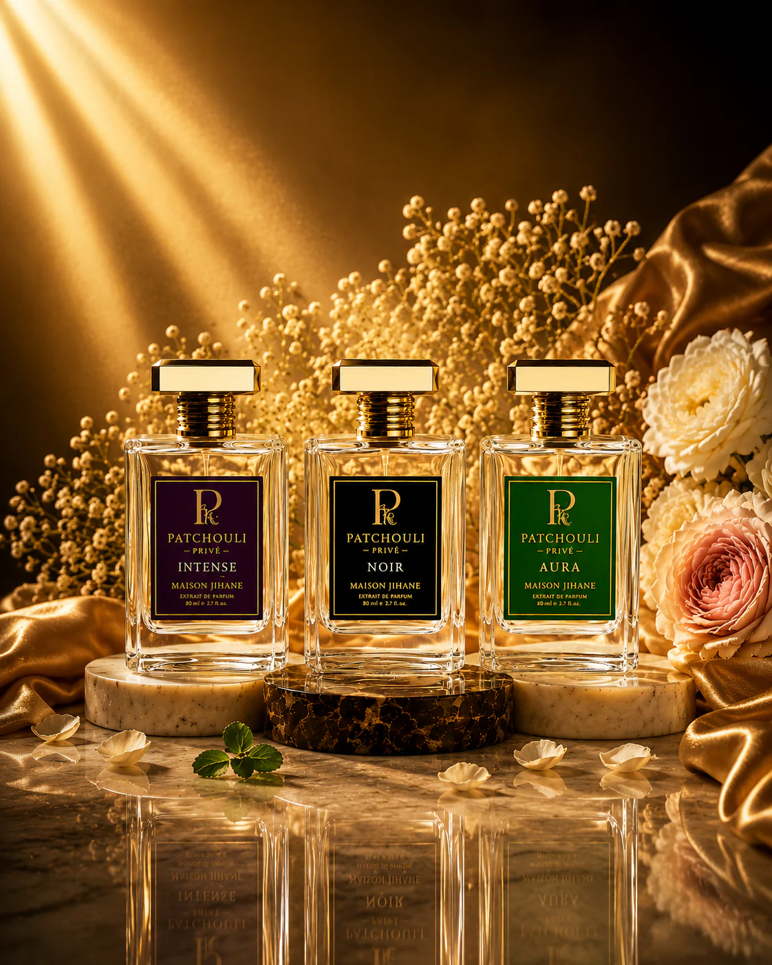 Patchouli Privé Intense, Noir, and Aura extrait de parfum bottles